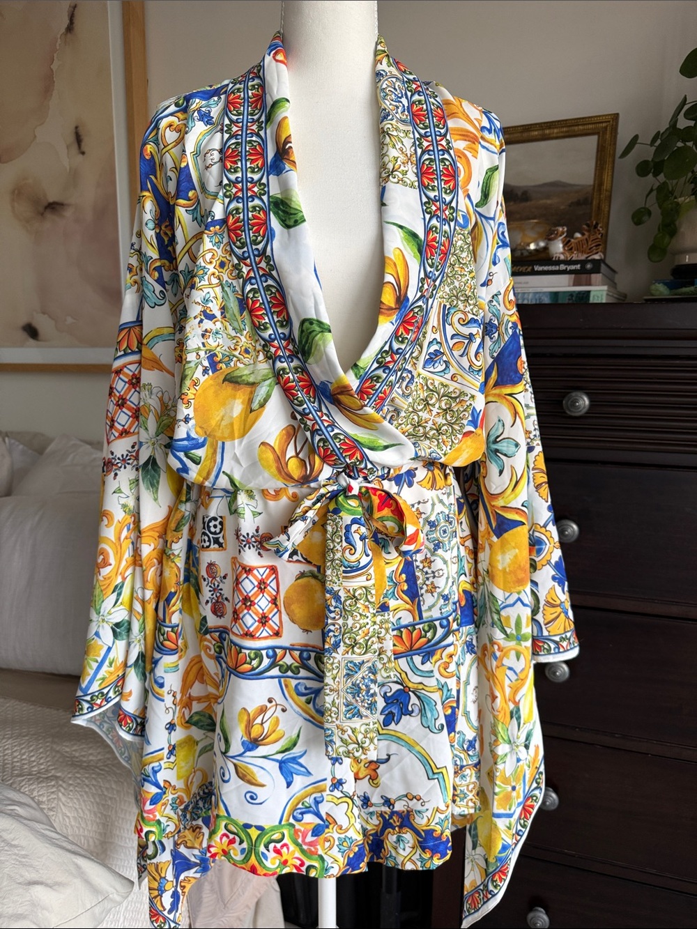 Printed Kimono Style Shorts/Romper - Yellow & Blue Mediterranean Tile Print - Sm